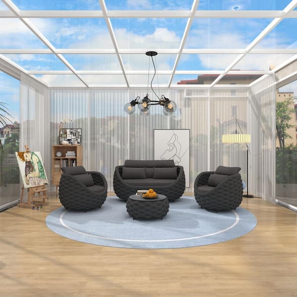 TWT Black 4-Piece Aluminum Polyester Woven Patio Sectional Sofa Set with Dark Grey Cushions