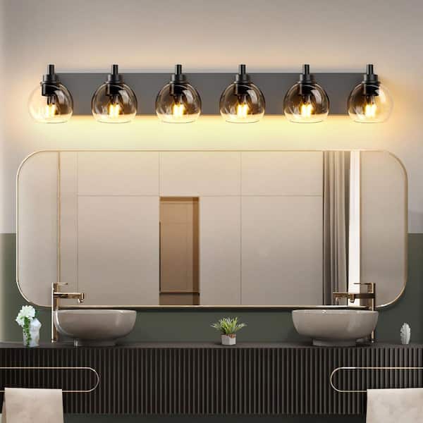 41 in. 6-Light Black Bathroom Vanity Light Fixture with Clear Globe Glass Shades, No Bulbs Included