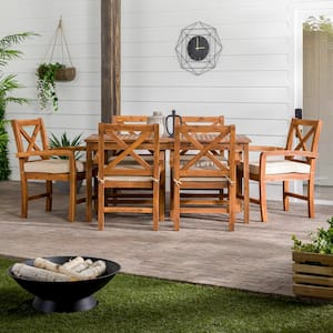 7-Piece Brown Outdoor Acacia Wood Simple Patio Dining Set X-Design with White Cushion