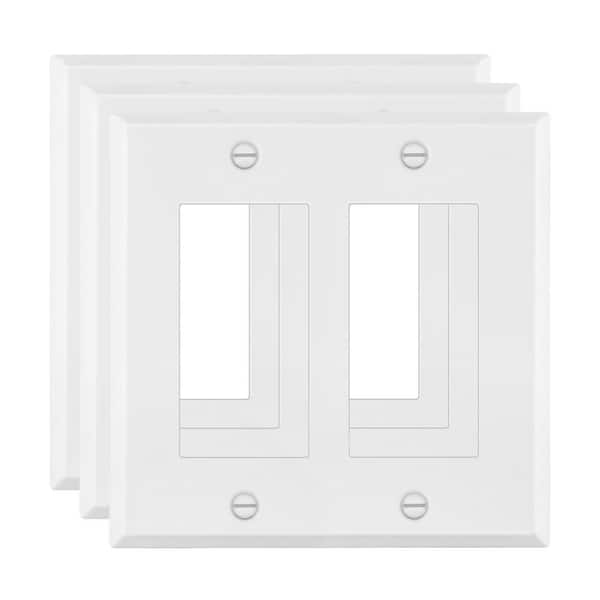 ENERLITES 2-Gang White Matte Decorator/Rocker Outlet Metal Wall Plate, 3-Pack
