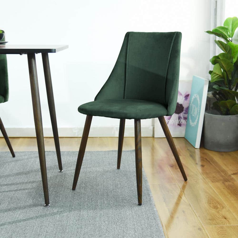 Green Velvet Upholstered High Back Side Chair with Walnut Metal Legs