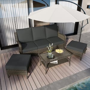 Taupe Brown 6-Piece PE Wicker Outdoor Sofa Patio Conversation and Coffee Table, Ottoman Set with Dark Gray Cushions