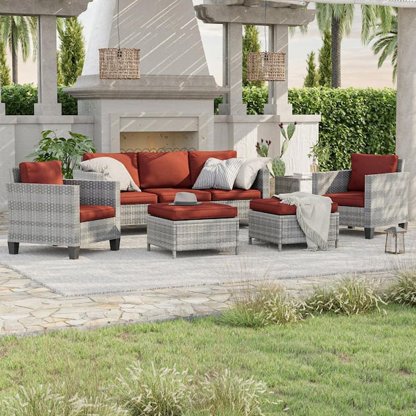 6-Piece Gray Wicker Outdoor Conversation Seating Sofa Set with Side Table, Rust Red Cushions