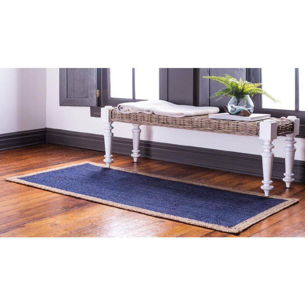 Navy Blue and Tan Braided Jute Runner Rug