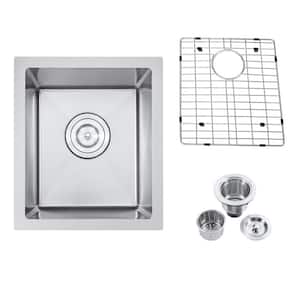 15" Undermount Single Bowl Stainless Steel Handmade Kitchen Bar/Prep Sink with Grid and Drain Assembly Strainer