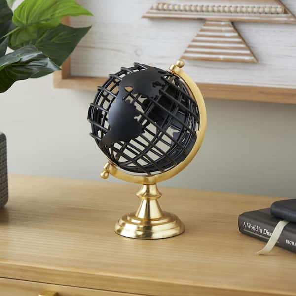 10 in. x 7 in. Black Metal Open Framed World Decorative Globe with Wire Exterior and Gold Base