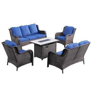 Daydreamer 5-Piece Wicker Patio Fire Pit Set with Rectangular Navy Blue Cushions