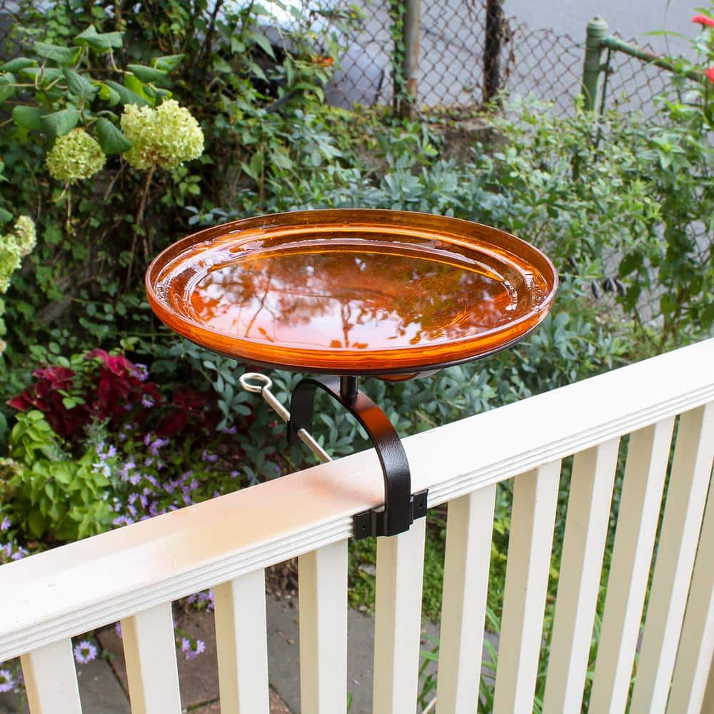 Mandarin Orange Crackle Glass Birdbath with Metal Stand