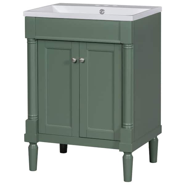 WELLFOR 24 in. W x 18 in. D x 34 in. H Single Sink Freestanding Bath Vanity in Green with White Resin Top