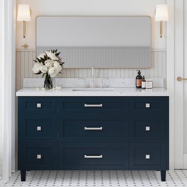 ARIEL Monroe 60 in. W x 22 in. D x 36 in. H Single Rectangle Sink Bath Vanity in Midnight Blue with Carrara White Quartz Top