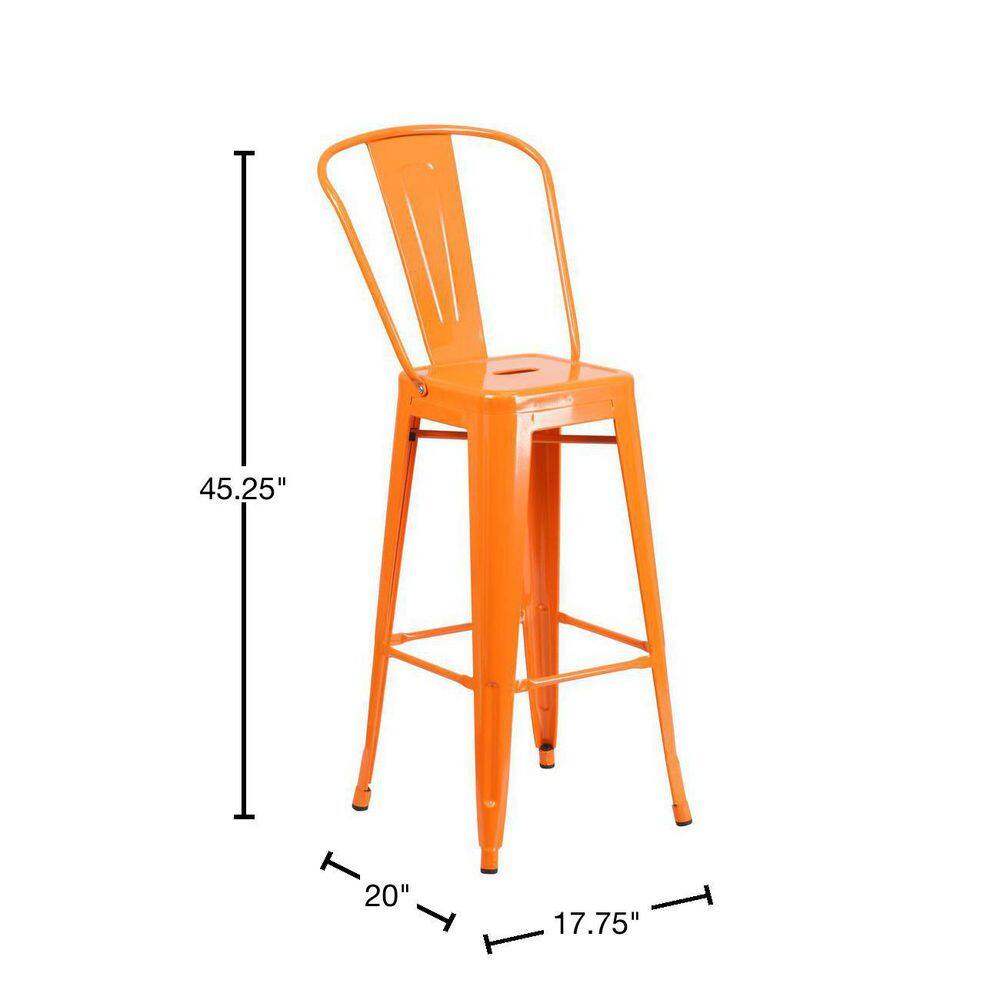 Bright Orange Metal 30" High Indoor-Outdoor Barstool with Slat Back