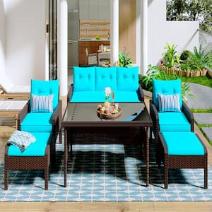 Brown 6-Piece Outdoor Terrace PE Rattan Sofa Set with Removable Blue Cushions and Tempered Glass Coffee Table