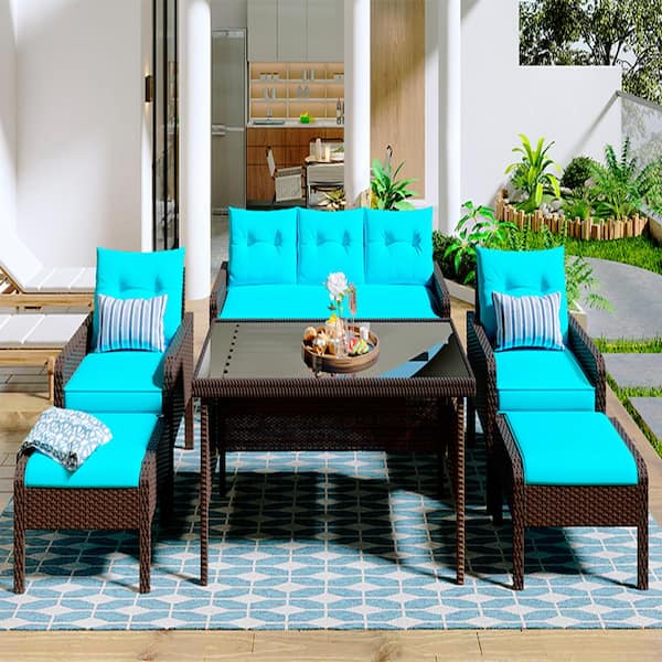 Unbranded Brown 6-Piece Outdoor Terrace PE Rattan Sofa Set with Removable Blue Cushions and Tempered Glass Coffee Table