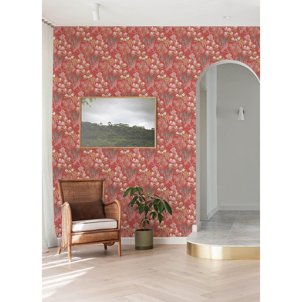 Red Multicolor Floral Non-Woven Removable Wallpaper