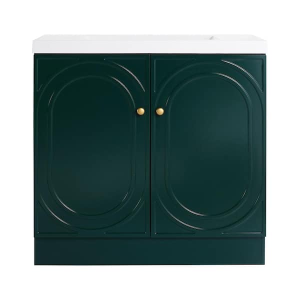 36 in. Single Sink Freestanding Green Bath Vanity with White Resin Top, Adjustable Shelf, Sewer Cover