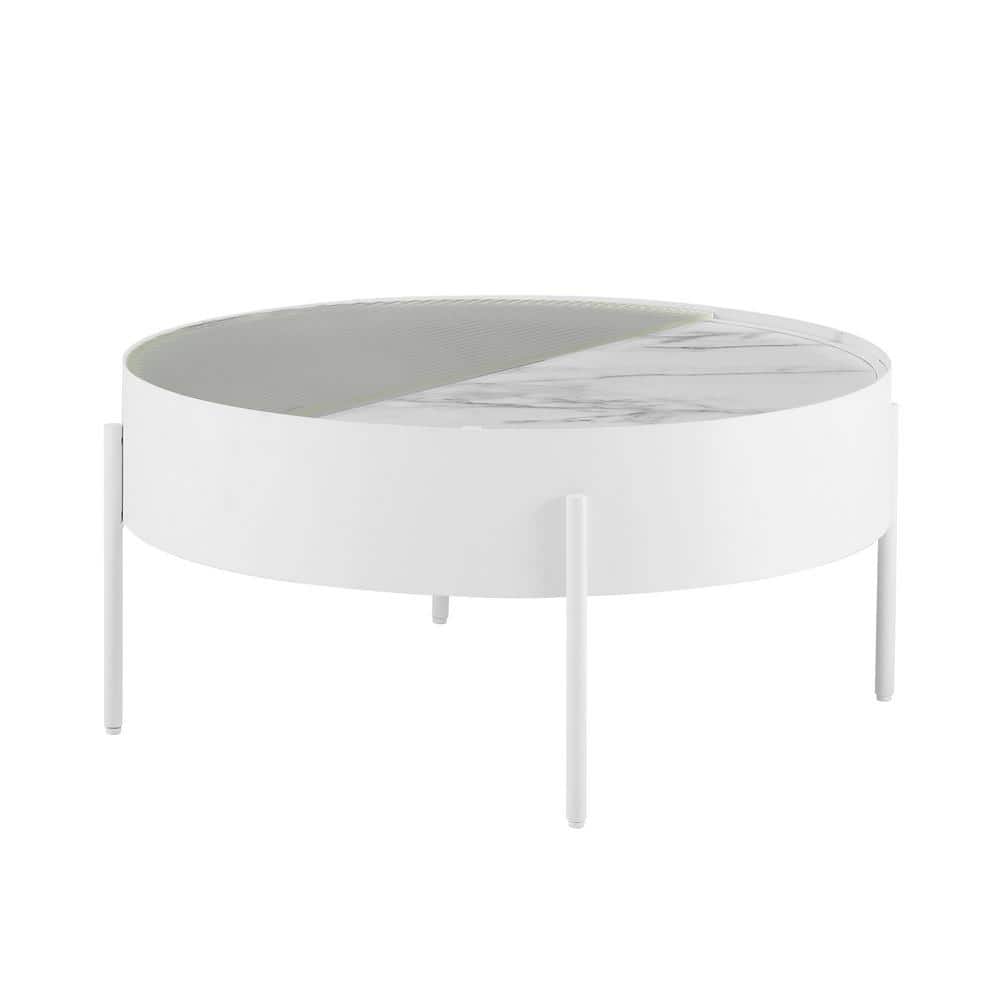 White Calacatta Marble Round Coffee Table with Fluted Glass