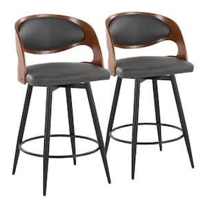 Pino 25.25 in. Grey Faux Leather, Walnut Wood and Black Metal Fixed-Height Counter Stool Tapered Metal Legs (Set of 2)