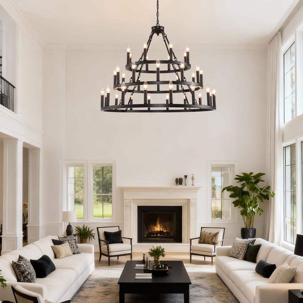 39.37 in. 36-Light Black 3-Tiers Wagon Wheel Chandelier Farmhouse Metal Chandeliers 3-Story Light Fixtures Industrial price history on PriceWatchPro
