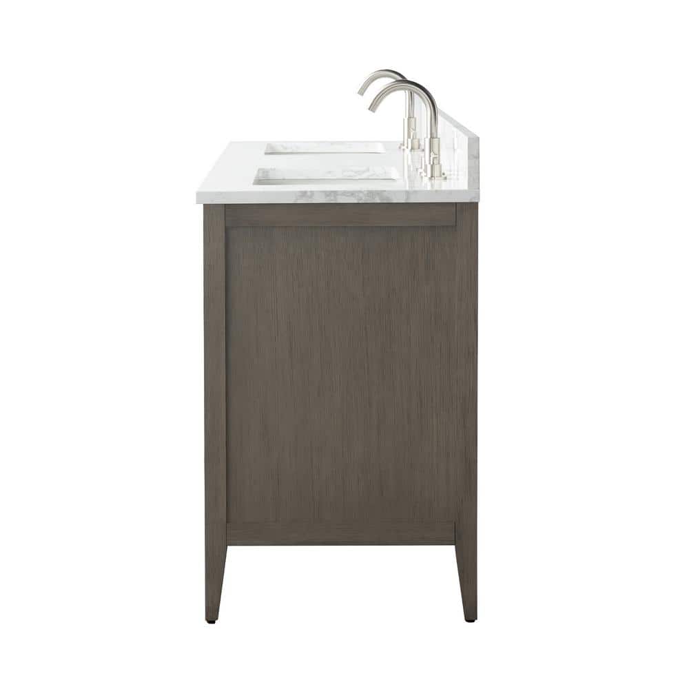 60" Driftwood Gray MDF Double Sink Freestanding Vanity with White Marble Top