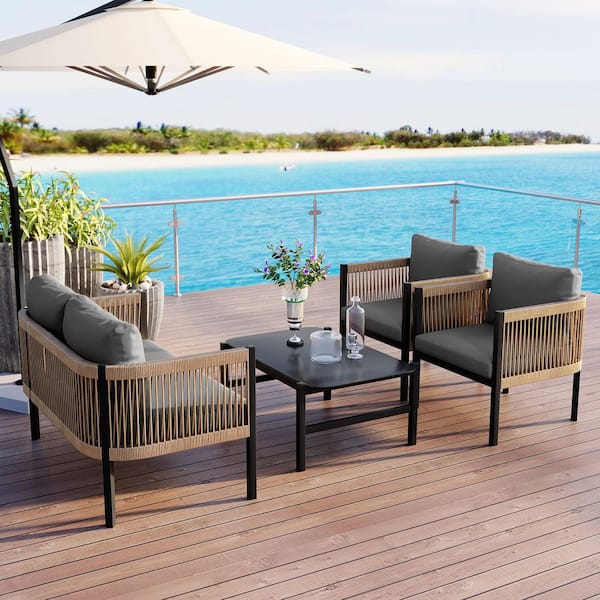 4-Piece Wicker Outdoor Conversation Patio Furniture Set with Gray Cushions