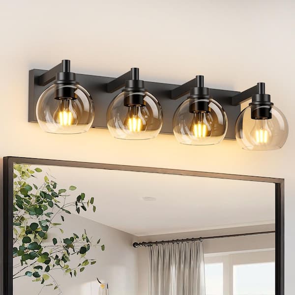 27 in. 4-Light Black Farmhouse Bathroom Vanity Light Fixture with Clear Glass Shades for Over Mirror(No Bulbs)-4 E26