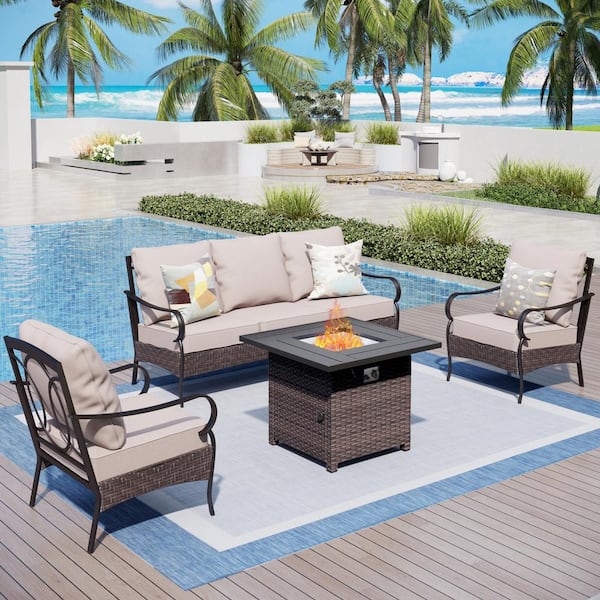PHI VILLA Black Rattan 4-Piece Steel Outdoor Patio Conversation Set with Beige Cushions & Square Wicker Fire Pit Table