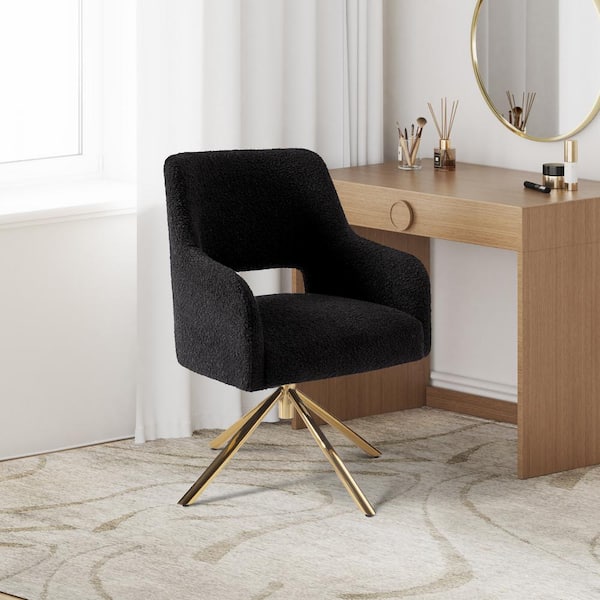 Stain Resistant Boucle Fabric Upholstered Swivel Vanity Stool Side Chair for Living Room Home Office in Black