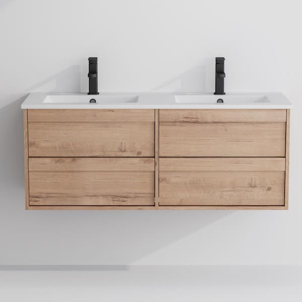 48 in. W x 18.1 in. D x 18.1 in. H Double Sinks Floating Oak Bath Vanity with White Integrated Composite Resin Top