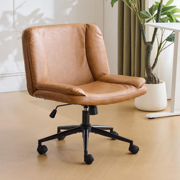 Faux Leather Fabric Swivel Cross-Legged Task Chair in Dirt Brown with Armless