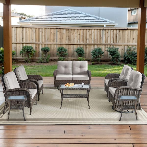 Opohoro Brown 8-Piece Wicker Patio Conversation Set with Swivel Rockers, Outdoor Glider Seating Set with Beige Cushions