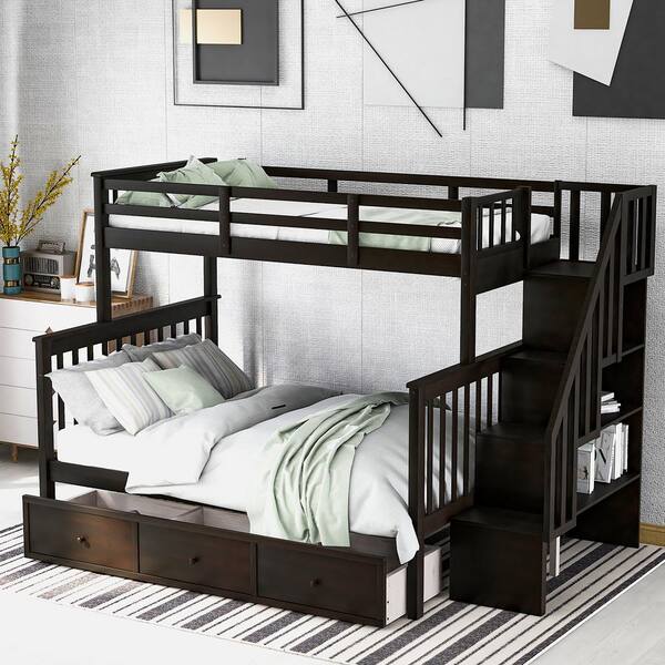 Eer Espresso Twin Over Full Bunk Bed, Espresso Twin Over Bunk Bed With Trundle And Drawers