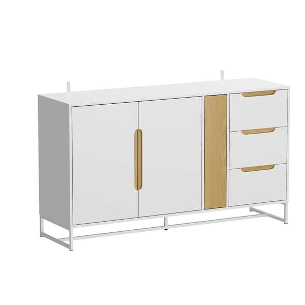 FUFU&GAGA White Wooden 55.1 in. Width Sideboard, Food Pantry, Storage Cabinet with 4-Drawers, Glass Rack & 2-Shelves