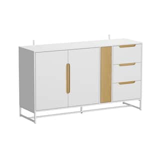 White Wooden 55.1 in. Width Sideboard, Food Pantry, Storage Cabinet with 4-Drawers, Glass Rack & 2-Shelves