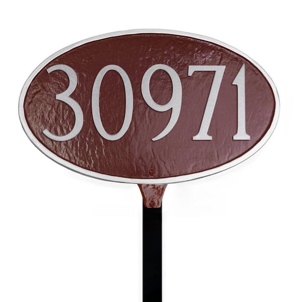 Classic Oval Standard Address Sign Plaque with Lawn Stake - Brick Red/Silver