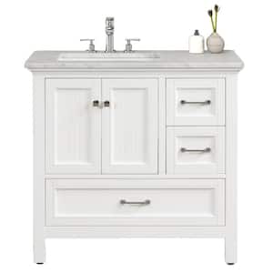 Britney 36 in. W x 22 in. D x 34 in. H Bath Vanity in White with White Carrara Marble Top with White Sink