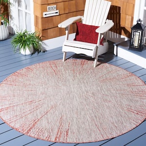 Courtyard Beige/Red 7 ft. Round Floral Abstract Indoor/Outdoor Area Rug