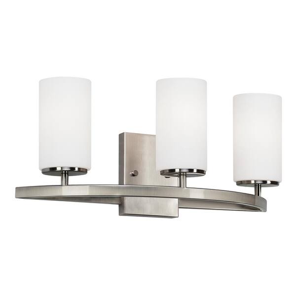 Visalia 20.25 in. W 3-Light Brushed Nickel Bathroom Vanity Light with White Etched Glass Shades Visalia 20.25 in. W 3-Light Brushed Nickel Bathroom Vanity Light with White Etched Glass Shades