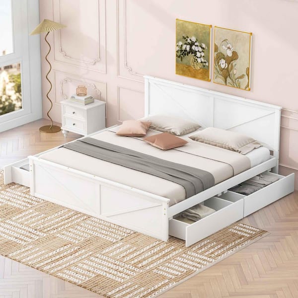 White Wood Frame King Size Platform Bed with 4 Storage Drawers and Support Legs