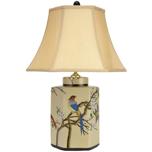 21.75 in. x 15 in. Beige Birds and Flowers Porcelain Jar Lamp
