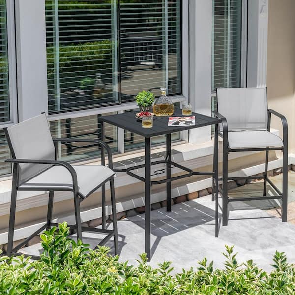 Black 3-Piece Textilene and Metal Square Outdoor Bar Set with Umbrella Hole and Bar Stools