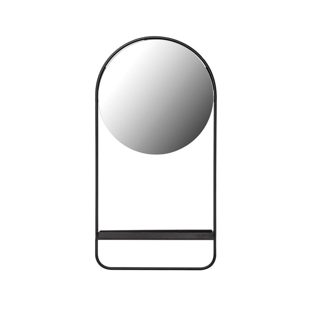 Black Round Metal Wall Mirror with Shelf, 23" Height