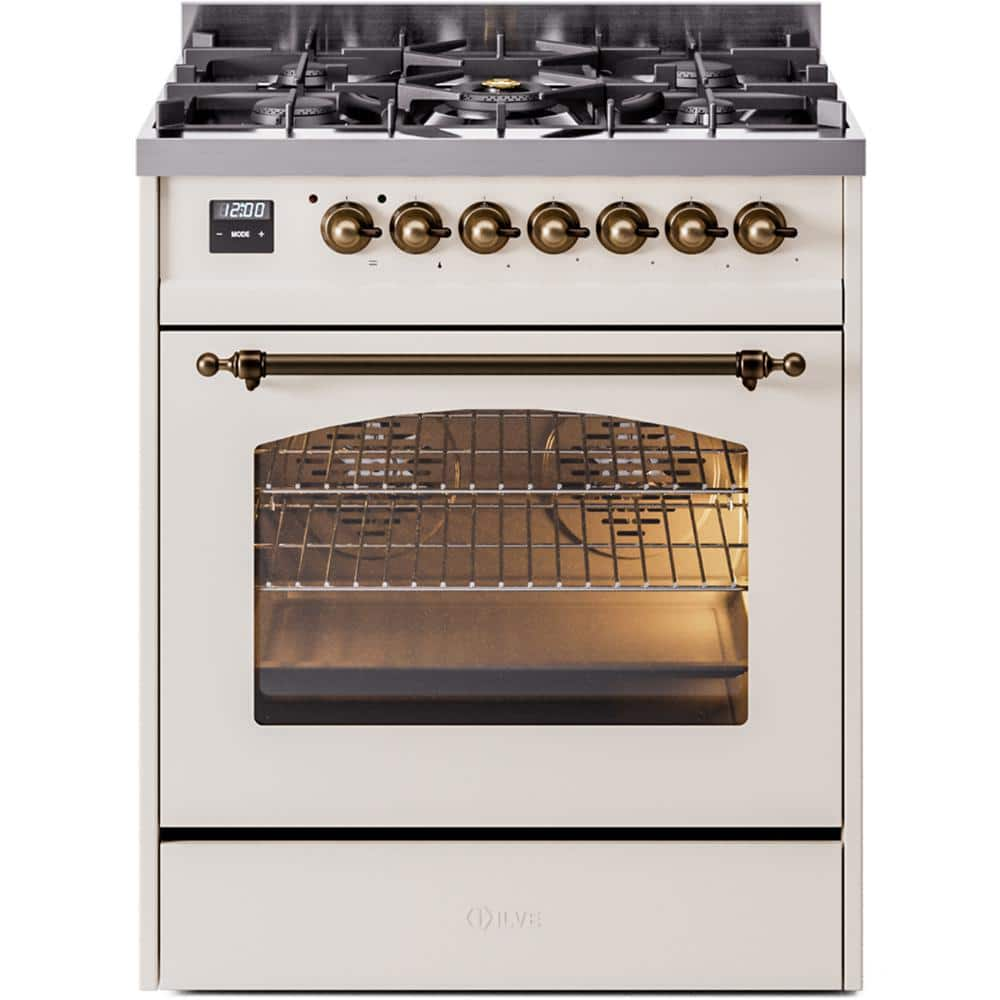 Nostalgie II 30 in. 5-Burner Freestanding Dual Fuel Range in Antique White with Bronze Trim -  ILVE, UP30NMPAWB