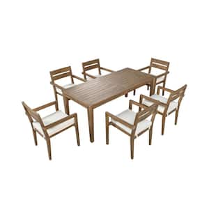 7 Pcs Acacia Wood Medium Brown Wood Outdoor Dining Table and Chair Set with White Cushions for Patio Balcony or Backyard