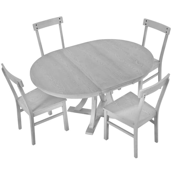 Unbranded Gray 5-Piece Wood Outdoor Dining Round Pedestal Extendable Table Set with 15.7 in. Removable Leaf and 4-Chairs