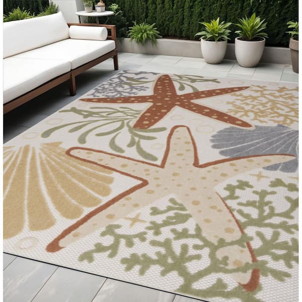 Ivory, Orange, Blue 5 ft. x  7 ft. Woven Abstract Polyester Runner Indoor/Outdoor Area Rug