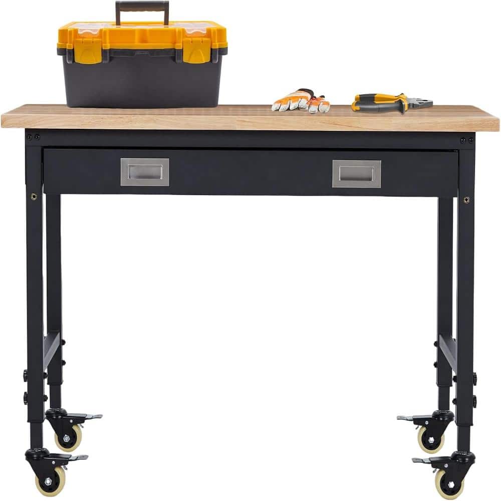"48"" Solid Wood Top Workbench Heavy Duty with Drawer & Power Outlet, 6-Level Adjustable Height Mobile Garage Work Table" price history on PriceWatchPro