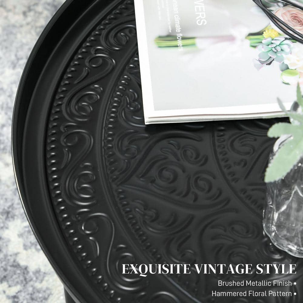 HOMCOM 24" Round Black Metal Coffee Table with Hammered Tray Top