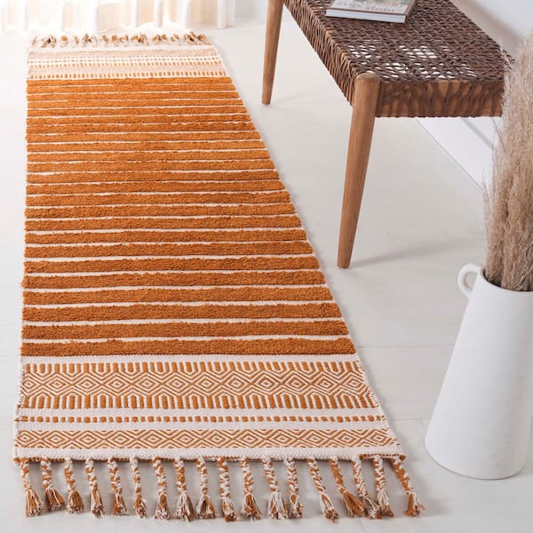Cotton Kilim 2 ft. x 8 ft. Natural/Gold Bohemian Striped Runner Rug