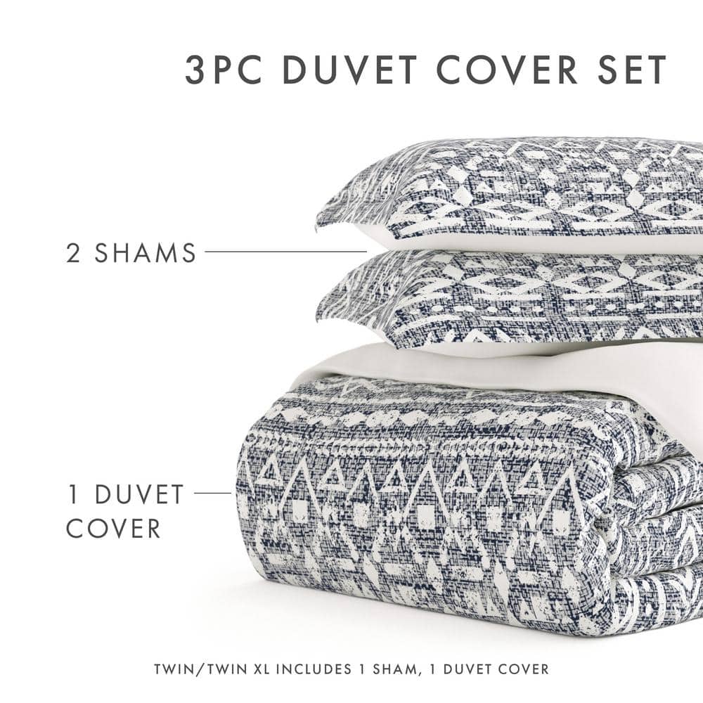 Navy and White Geometric Print King/CalKing Duvet Cover Set