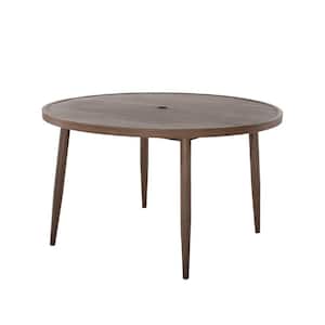 Dark Bronze Aluminium Patio Round Outdoor Faux Wood Grain Tabletop Dining Table 48in. W x 28in. H with Umbrella Hole